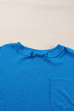 Sky blue ribbed thermal top with cutout neckline and chest pocket