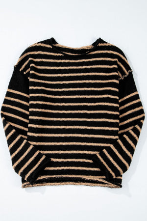 Black and tan striped slouchy knit jumper with crew neck.