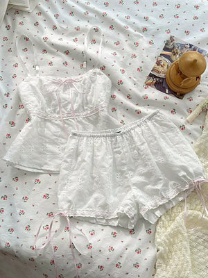 Lace Detail Eyelet Cami And Shorts Set, model styling view