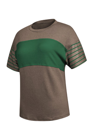 Colorblock raglan tee in tan with a green chest stripe and striped sleeves.