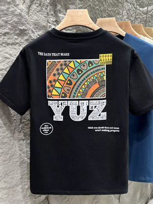 Black cotton crew t-shirt with abstract graphic print and text.