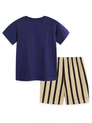 Baby boys navy t-shirt and beige striped shorts set.