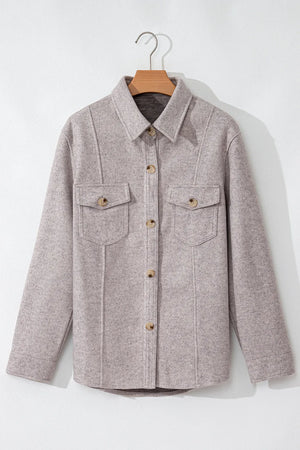 Fleece utility shirt jacket in Dust Storm with buttoned chest pockets and front buttons.