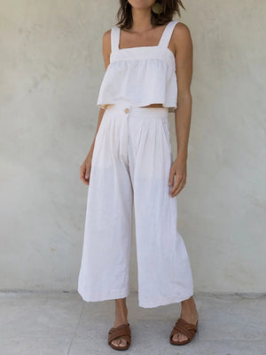 White linen crop top and culotte co-ord set with button detail