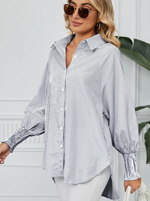 Stripe button-up shirt with balloon sleeves and smocked cuffs.