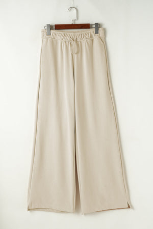 Beige wide-leg drawstring lounge pants with side slits