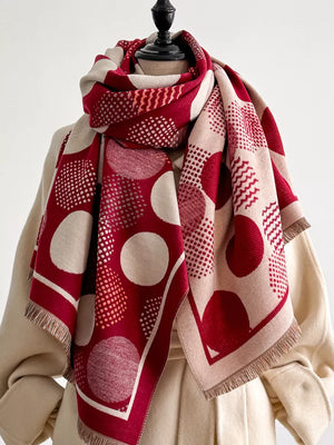 Deep Red and Dusty Pink polka dot textured scarf with fringe detail.