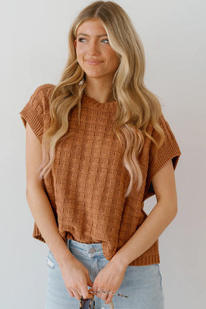 Textured knit boxy top in camel acrylic with short sleeves and a crew neck.