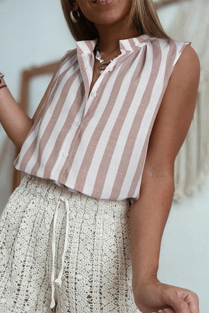 Gathered collar stripe sleeveless blouse with button front and a stand-up collar.