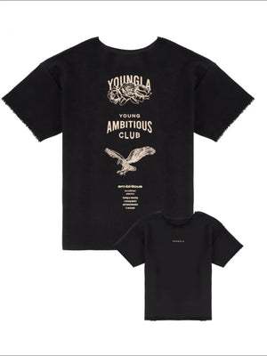 Black graphic t-shirt with raw edges and "Young Ambitious Club" print.