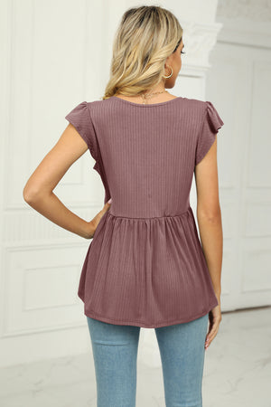 Ribbed flutter sleeve empire top in mocha, with a peplum hem and round neckline.