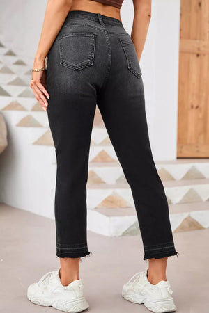 Charcoal washed denim maternity jeans with distressed hem detail.