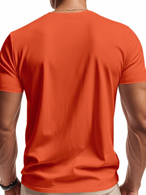 Men's orange cotton t-shirt with short sleeves and a notched V-neck.