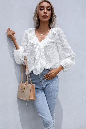 White textured ruffle front blouse with balloon sleeves