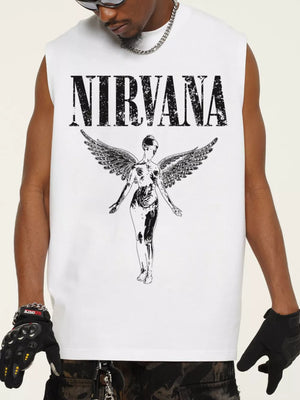White cotton men's tank top with distressed Nirvana graphic and winged figure.