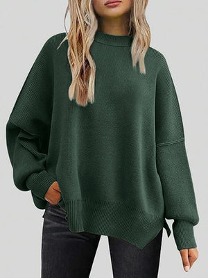 Oversized ribbed knit sweater in Black Forest with drop shoulders and mock neck.