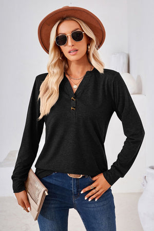 Black Henley neckline jersey top with button detail and long sleeves.