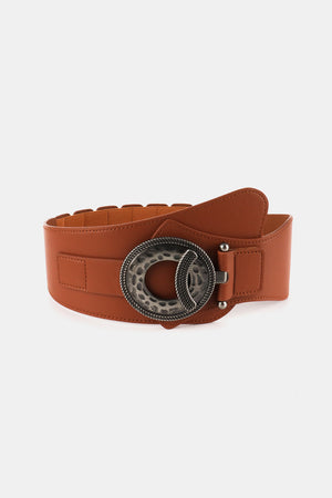 Caramel leather wide waist belt with sculpted alloy buckle