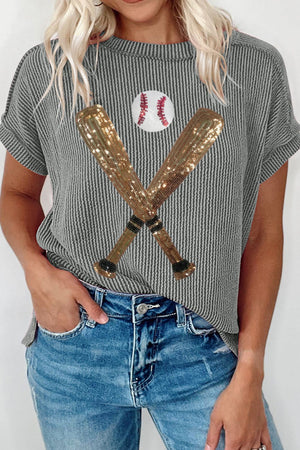 Dark gray striped tee with rolled sleeves, featuring a sequin baseball and crossed bats graphic.