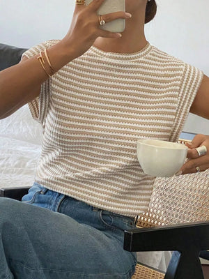 Full Size Striped Round Neck Short Sleeve T-shirt, close-up detail