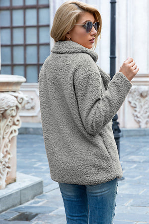 Teddy pea coat in light gray with a textured fleece fabric and a relaxed fit.
