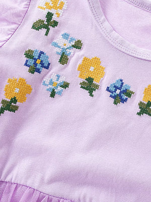 Toddler lavender dress with embroidered floral pattern and tulle trim.
