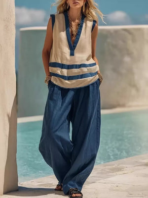 Striped Sleeveless Top And Wide-leg Pants Set, back view