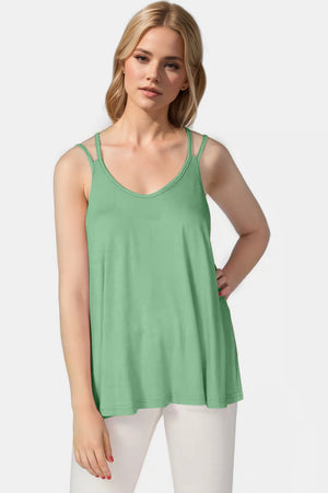 Mint blue trapeze cami with double straps and a V-neck.