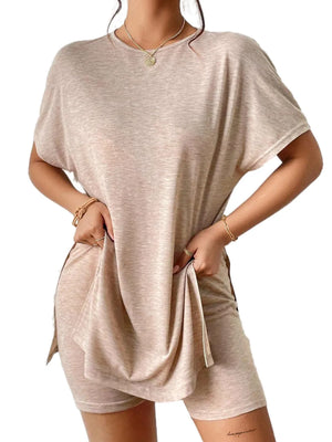 Tan drape front tee with side slits and matching shorts, casual loungewear set.