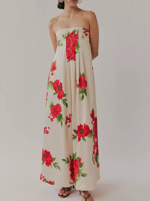 Strapless ivory maxi dress with red floral print and gathered bodice detail