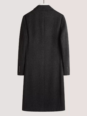 Dark gray wool blend double-breasted overcoat with button detail on sleeves.