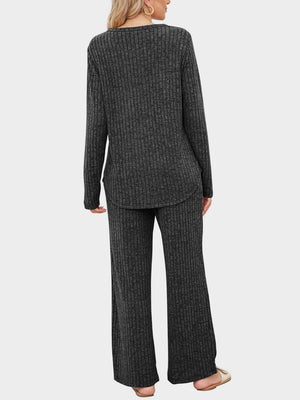 Dark Gray ribbed knit lounge set with long sleeves and wide-leg pants.