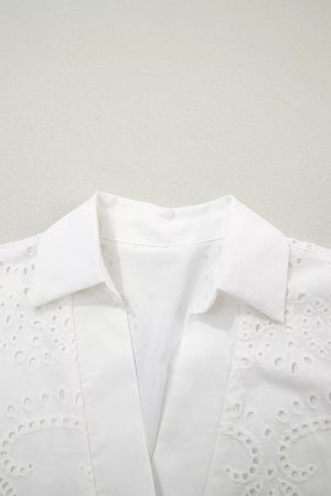White cotton mini dress with eyelet embroidery detail and collar