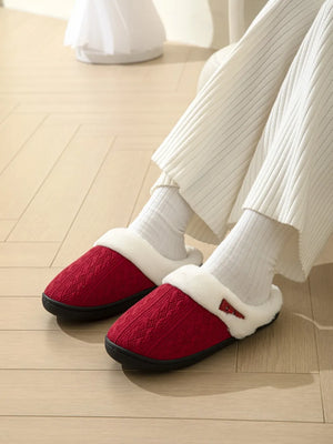 Deep Red cable knit shearling house slippers with faux fur trim and button detail.