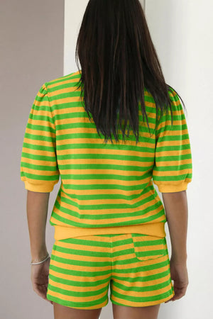 Green and yellow striped puff sleeve top and drawstring shorts set