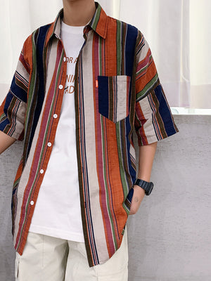 Men's striped half sleeve shirt in cotton blend with classic collar and button-down front.