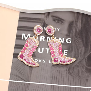 Dazzling rose red cowboy boot dangle earrings with pearls and rhinestones.
