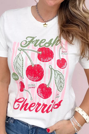 White maternity t-shirt with vintage cherry graphic, pink stripes, and text.