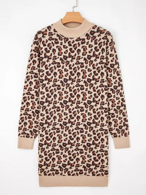 Leopard print ribbed sweater dress with high neck and long sleeves.