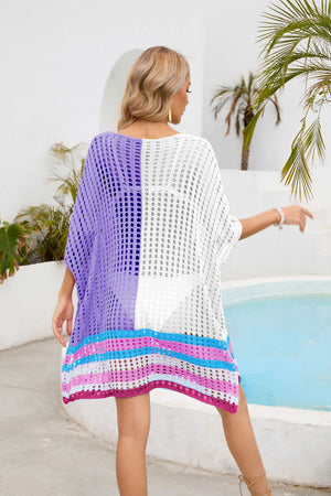 Meshed edge scoop neck half sleeve cover-up in purple and white with striped hem