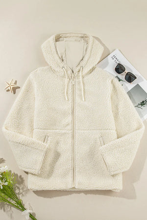 Textured fleece zip-up hoodie in ivory with a drawstring hood and front pockets.