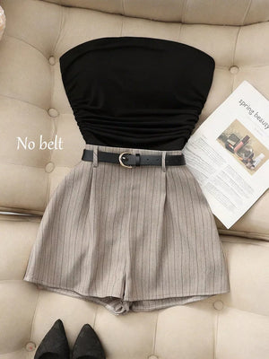 Strapless Ruched Top And Shorts Set in Black, front view
