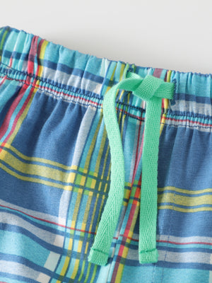 Toddler blue plaid cotton shorts with green drawstring detail