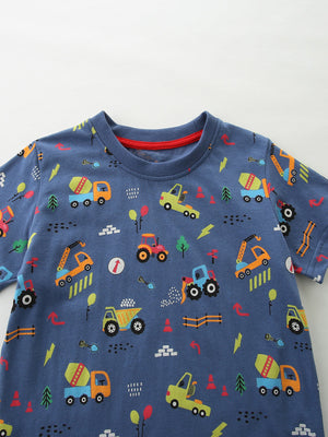 Blue cotton t-shirt with a playful construction vehicle print, crew neck, short sleeves.