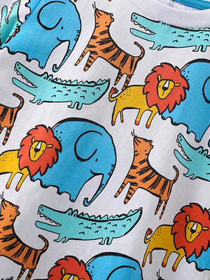 Baby t-shirt with colorful cartoon animal print, cotton blend, crew neck.