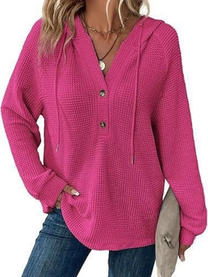 Full Size Waffle Knit Half-button Hoodie Plus Size in Black, view 11