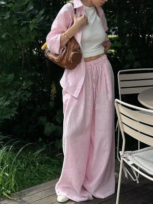 Button Up Shirt And Drawstring Pants Set in Apricot, editorial view