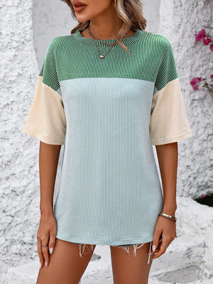 Mandy Color Pop T-Shirt in Green/Blue with cream sleeves and a light blue block.