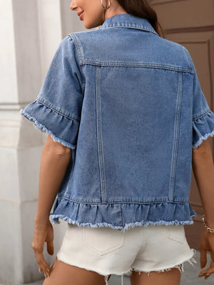 Blue denim trucker jacket with short ruffled sleeves and raw hem