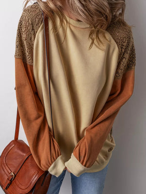 Lace Patchwork Colorblock Sweatshirt in Tan, side view